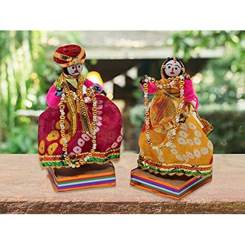 JH Gallery Handmade Recycled Material Rajasthani Dulha Dulhan Decorative Figurines for Home Dcor/Furnishing/Gifting Idol (Multicolour, 11 x 11 cm)