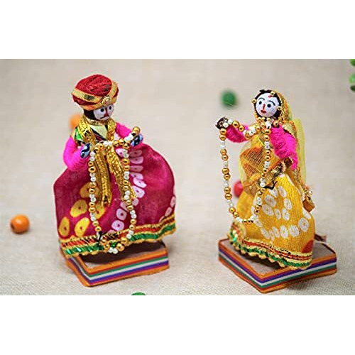JH Gallery Handmade Recycled Material Rajasthani Dulha Dulhan Decorative Figurines for Home Dcor/Furnishing/Gifting Idol (Multicolour, 11 x 11 cm)