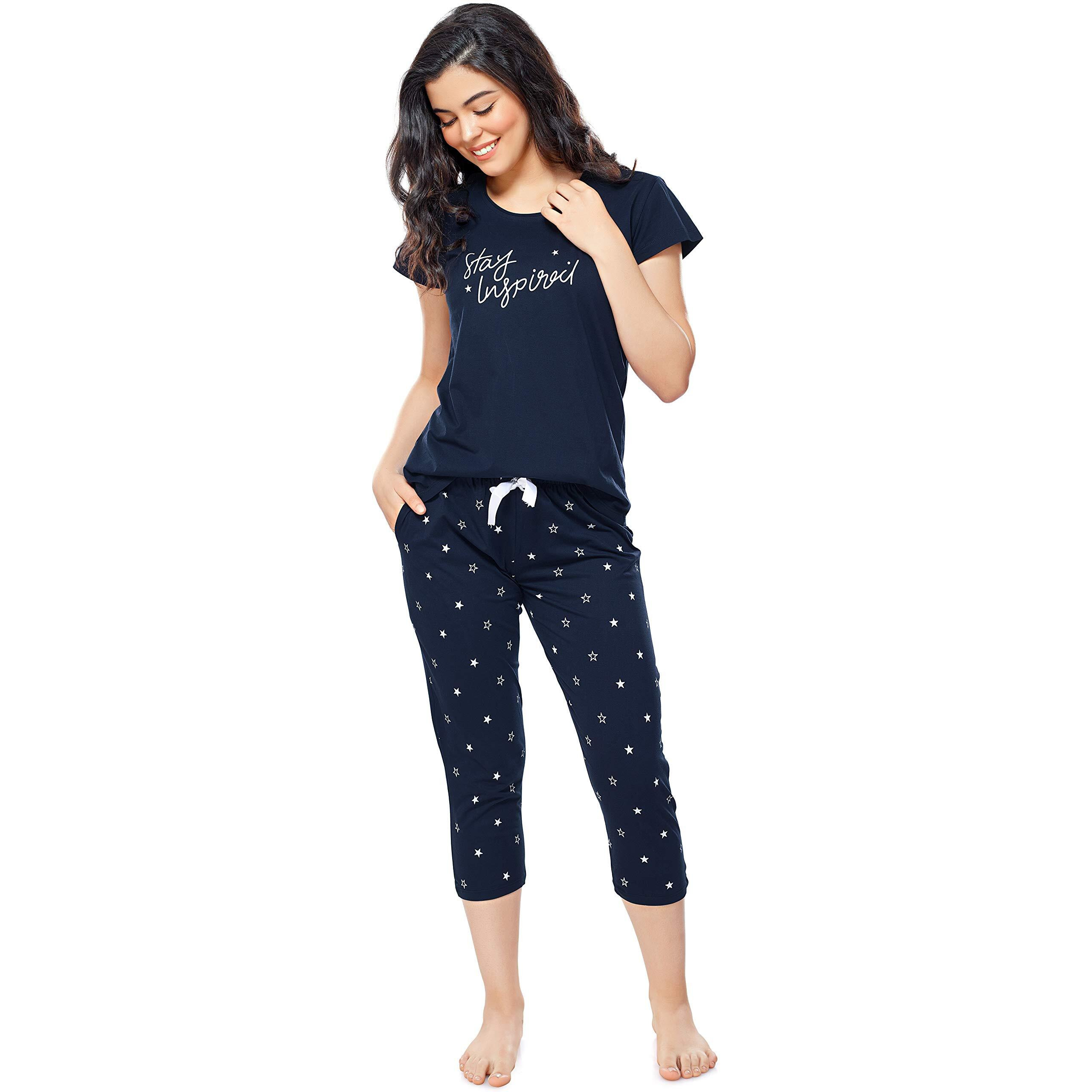ZEYO Women s Cotton Star Printed Navy BlueNight Suit Set of Top & Capri 5235