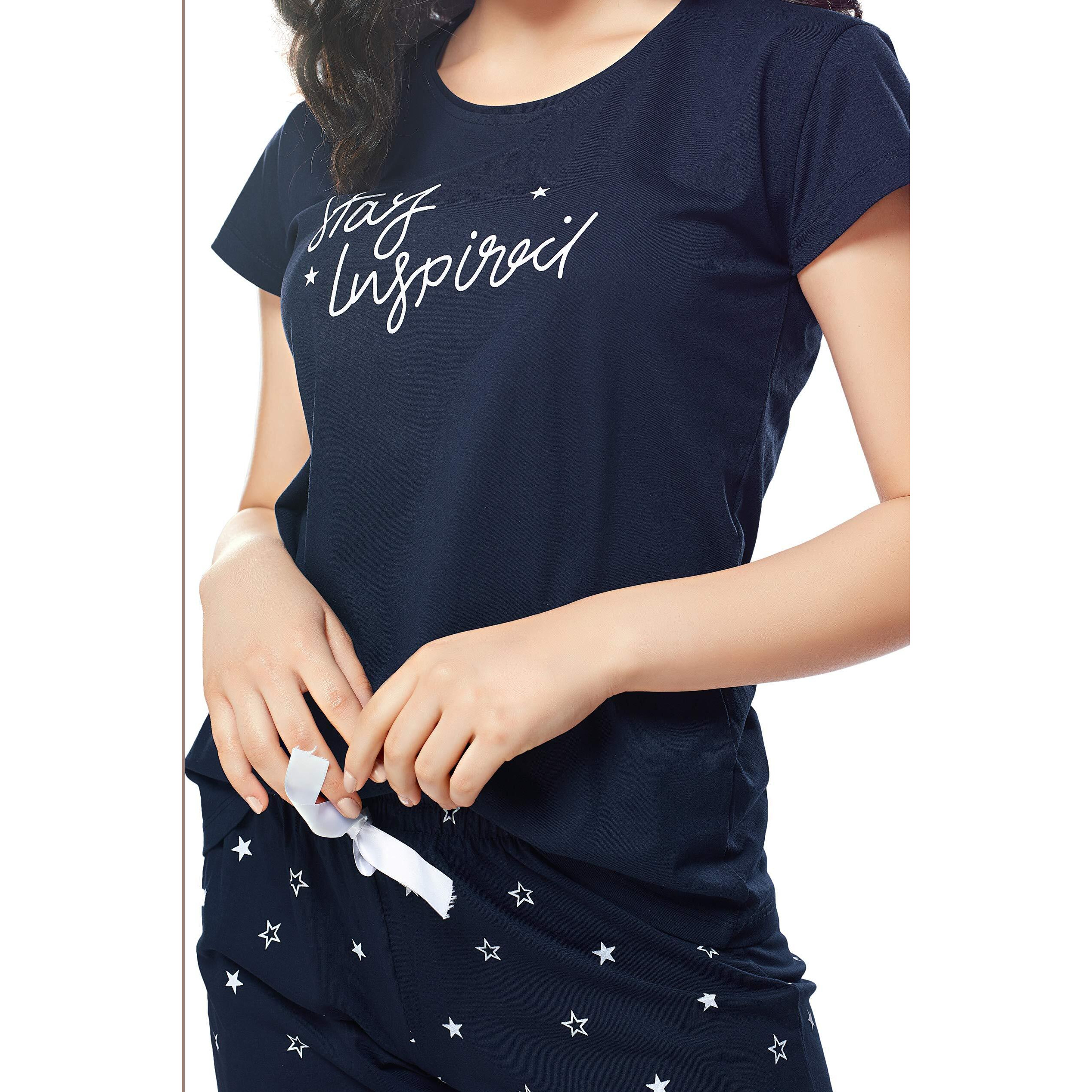 ZEYO Women s Cotton Star Printed Navy BlueNight Suit Set of Top & Capri 5235