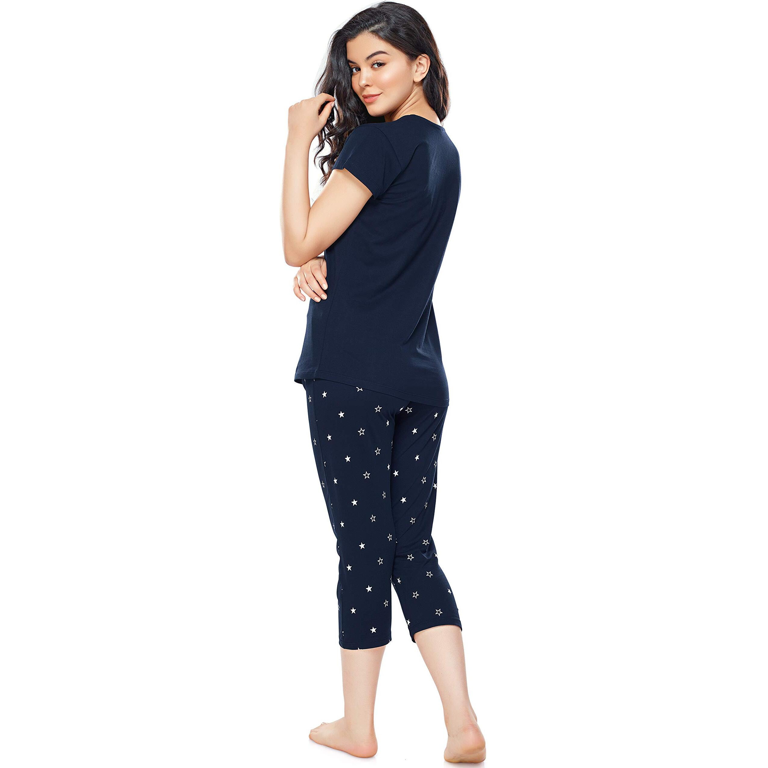 ZEYO Women s Cotton Star Printed Navy BlueNight Suit Set of Top & Capri 5235