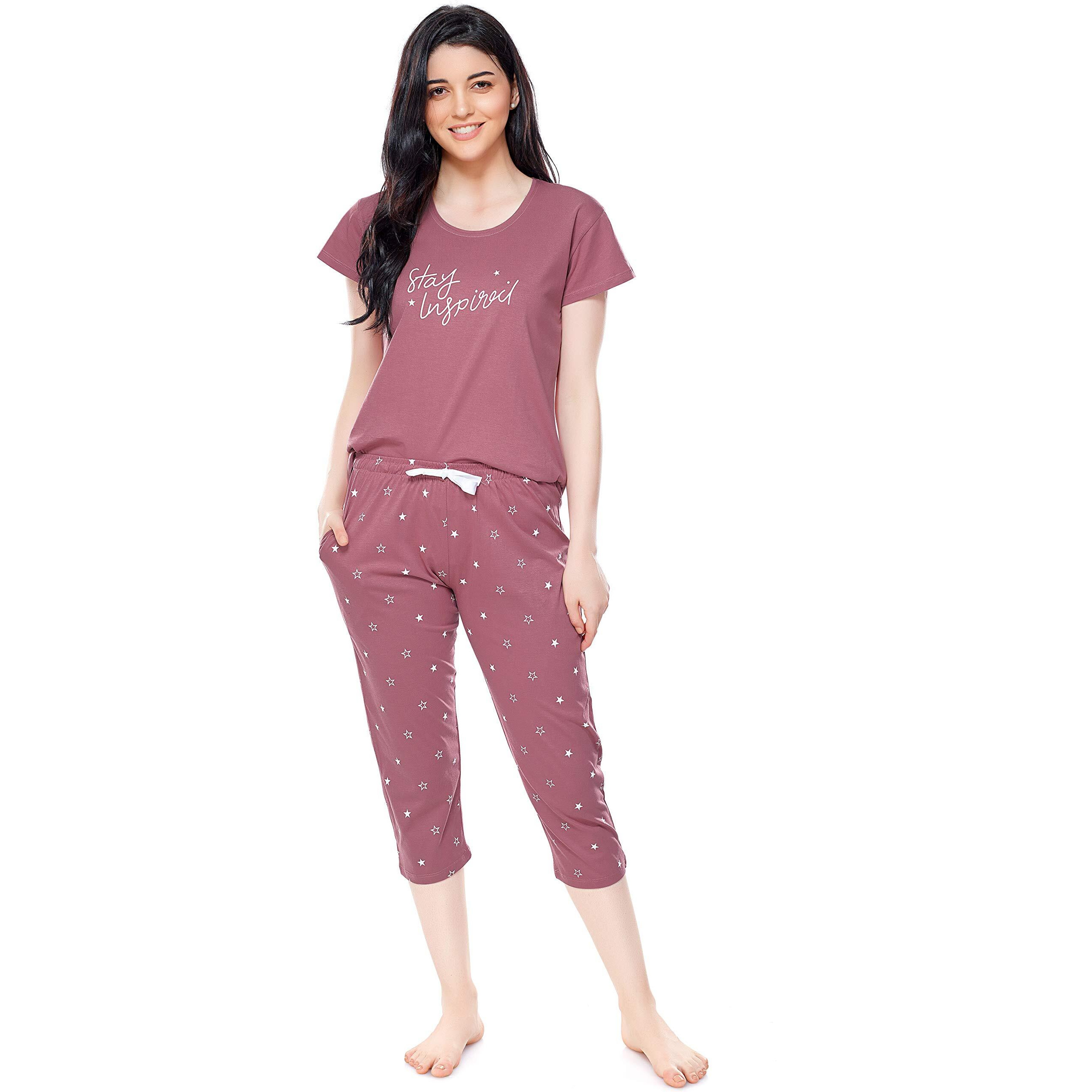 ZEYO Women s Cotton Star Printed Mauve Night Suit Set of Top & Capri 5235