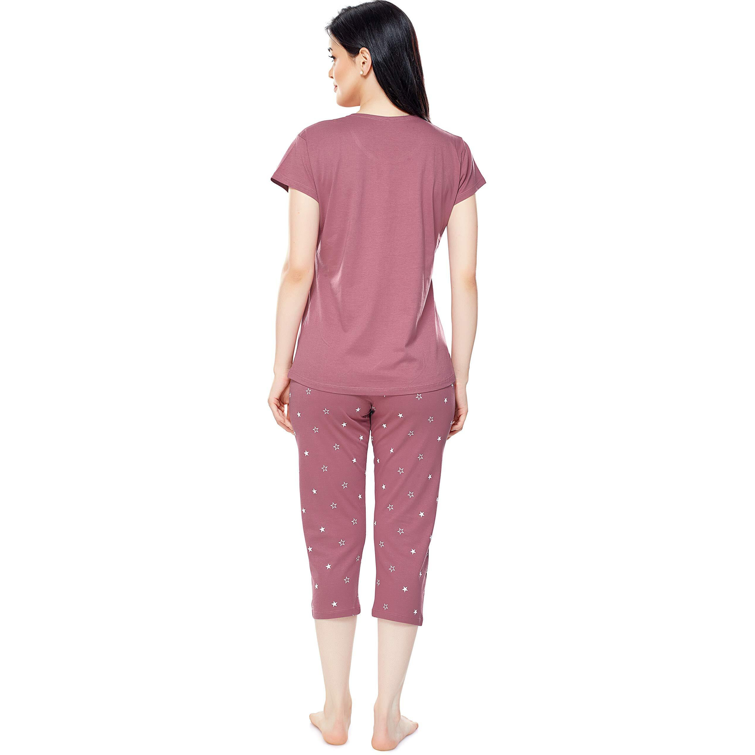 ZEYO Women s Cotton Star Printed Mauve Night Suit Set of Top & Capri 5235