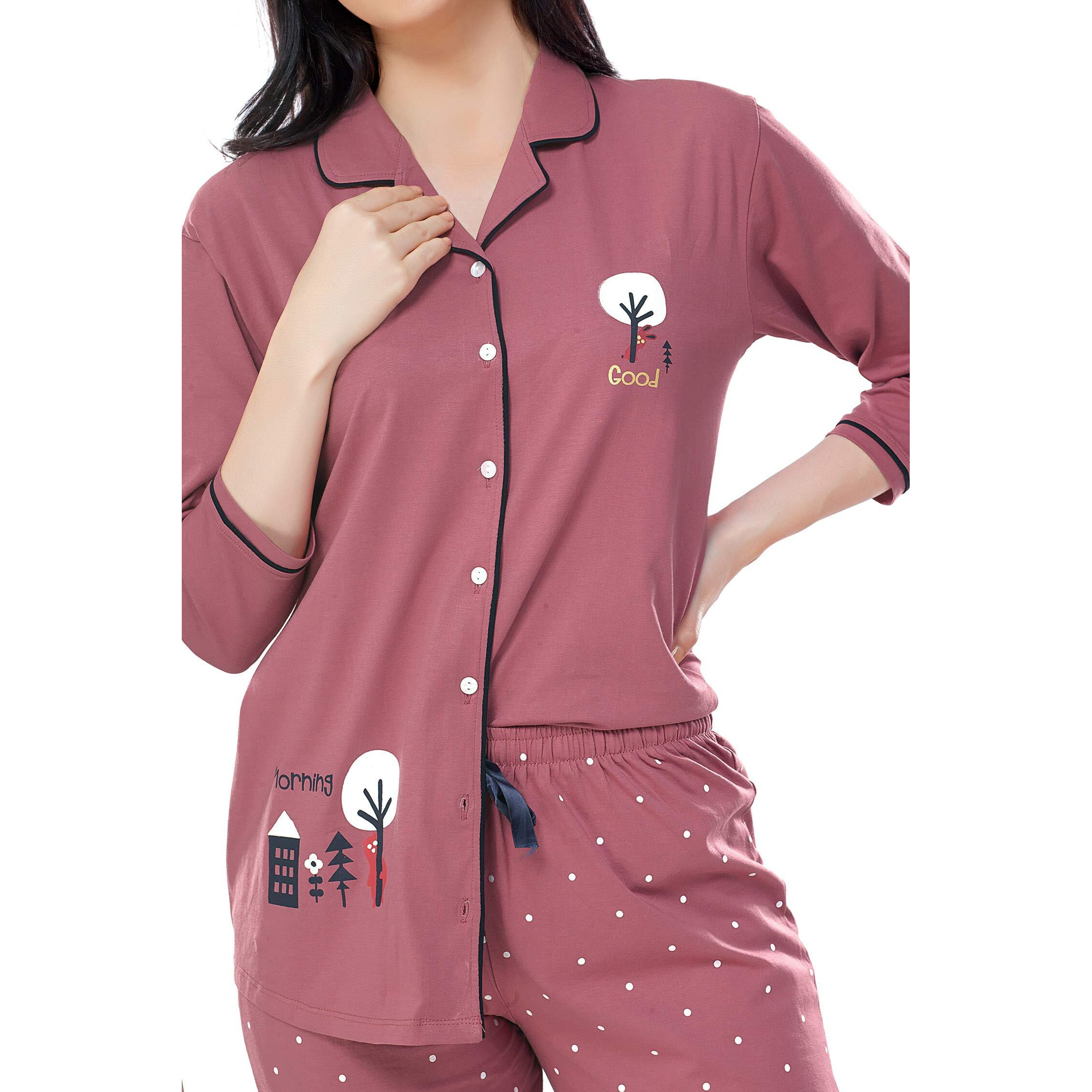 ZEYO Women s Cotton Dot Printed Brown Night Suit Set Of Pajama Set, Peach, Small