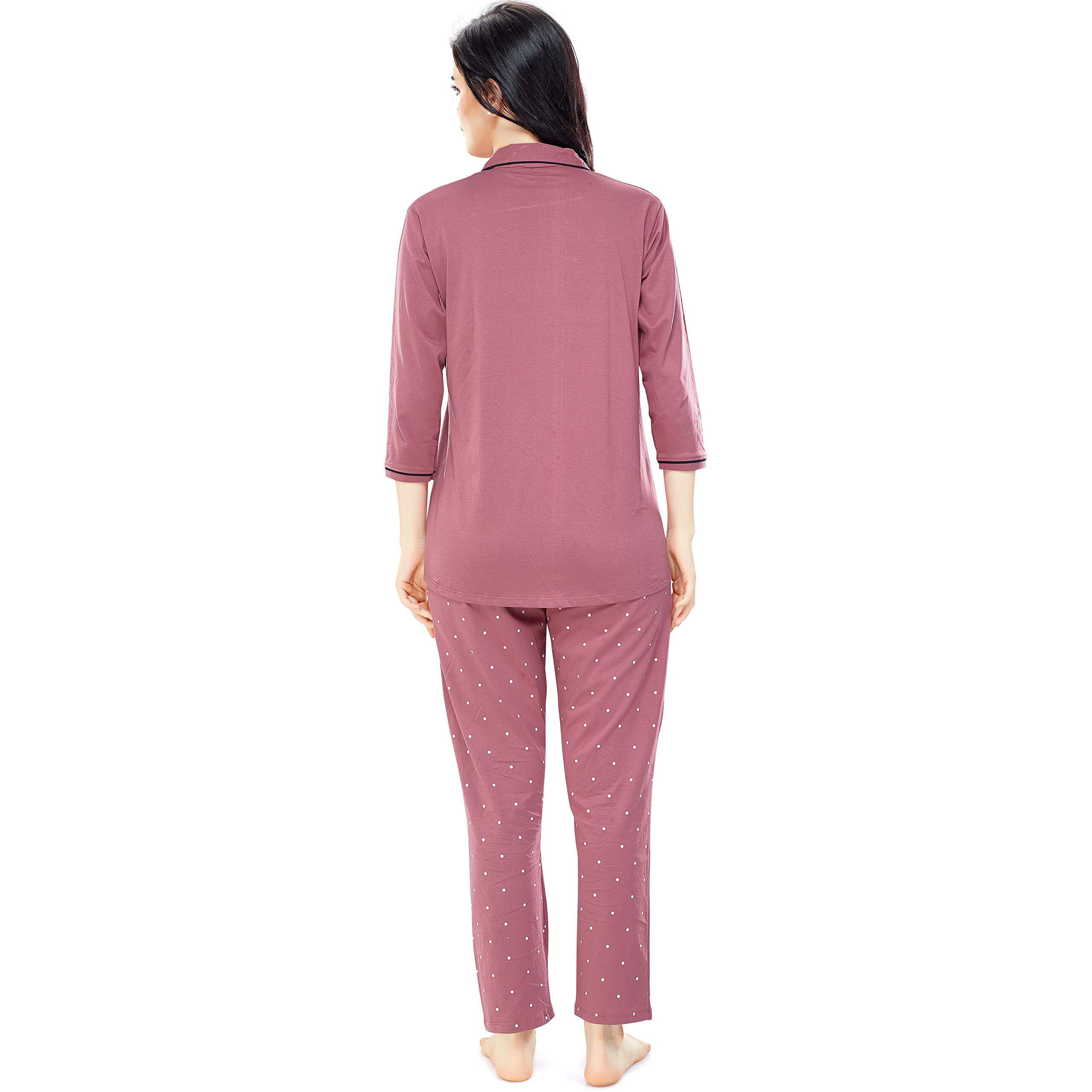 ZEYO Women s Cotton Dot Printed Brown Night Suit Set Of Pajama Set, Peach, Small