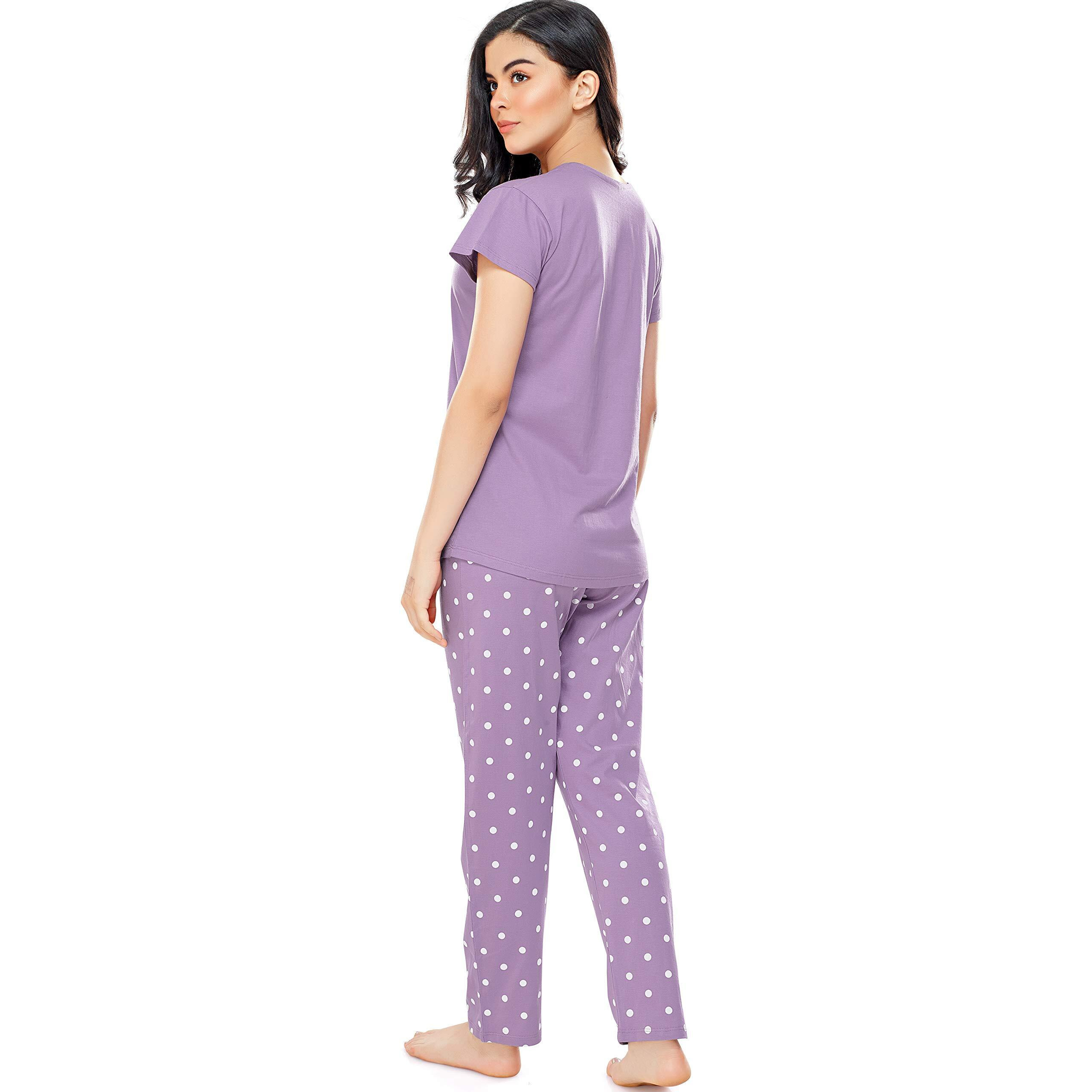 ZEYO Women s Cotton Polka Dot Printed Purple Night Suit Set of Top & Pajama Set 5292
