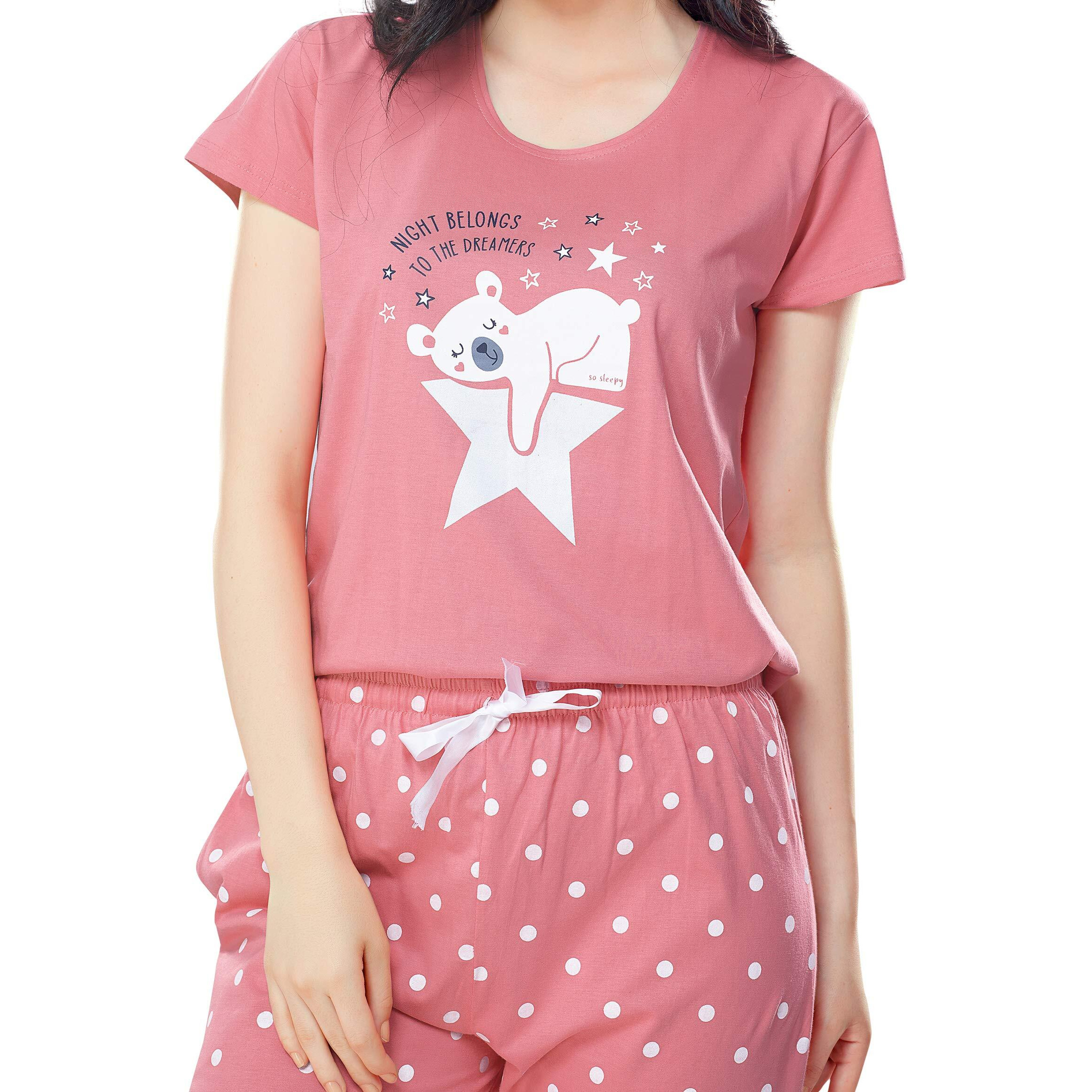 ZEYO Women s Cotton Polka Dot Printed Pink Night Suit Set Of Top & Pajama Set 5292