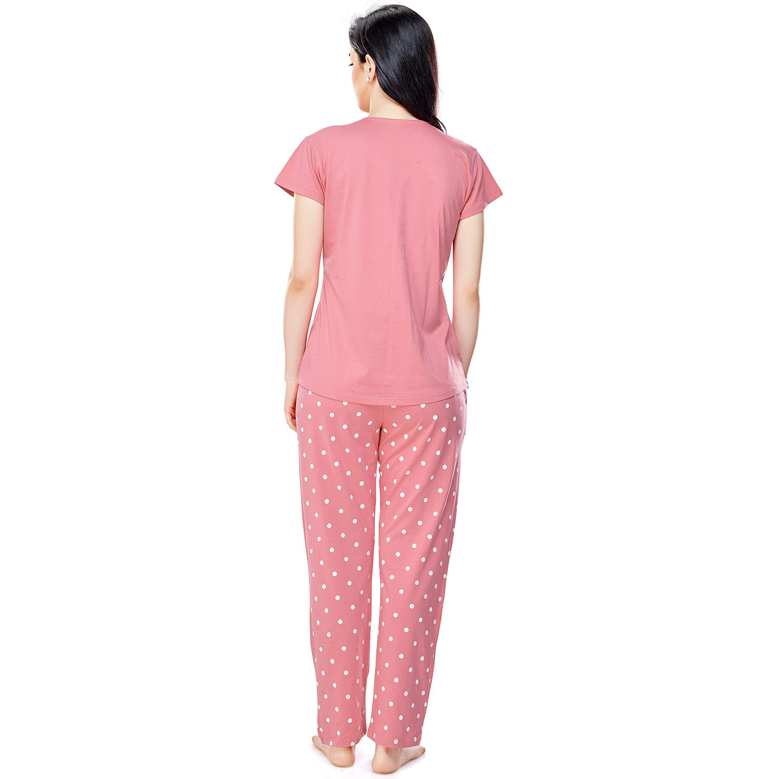 ZEYO Women s Cotton Polka Dot Printed Pink Night Suit Set Of Top & Pajama Set 5292
