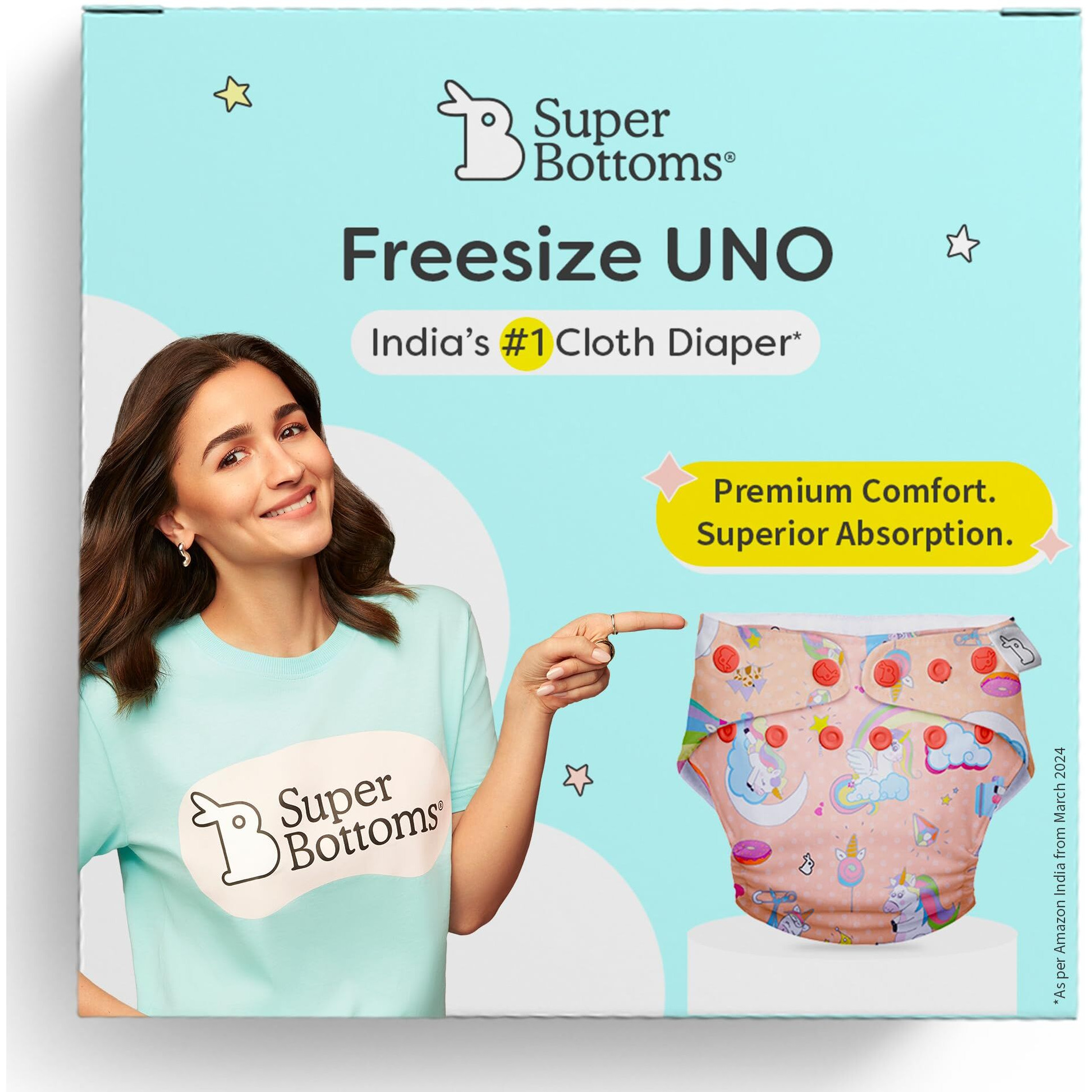 SuperBottoms UNO Freesize Cloth Diaper | Cloth diaper for babies 3M to 3Y | Washable & Reusable cloth diaper | Comes with cloth diaper inserts | 1 Organic cotton Soaker (Unicorn ))