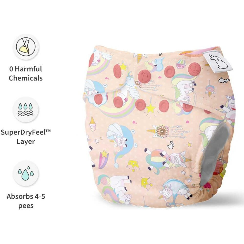 SuperBottoms UNO Freesize Cloth Diaper | Cloth diaper for babies 3M to 3Y | Washable & Reusable cloth diaper | Comes with cloth diaper inserts | 1 Organic cotton Soaker (Unicorn ))