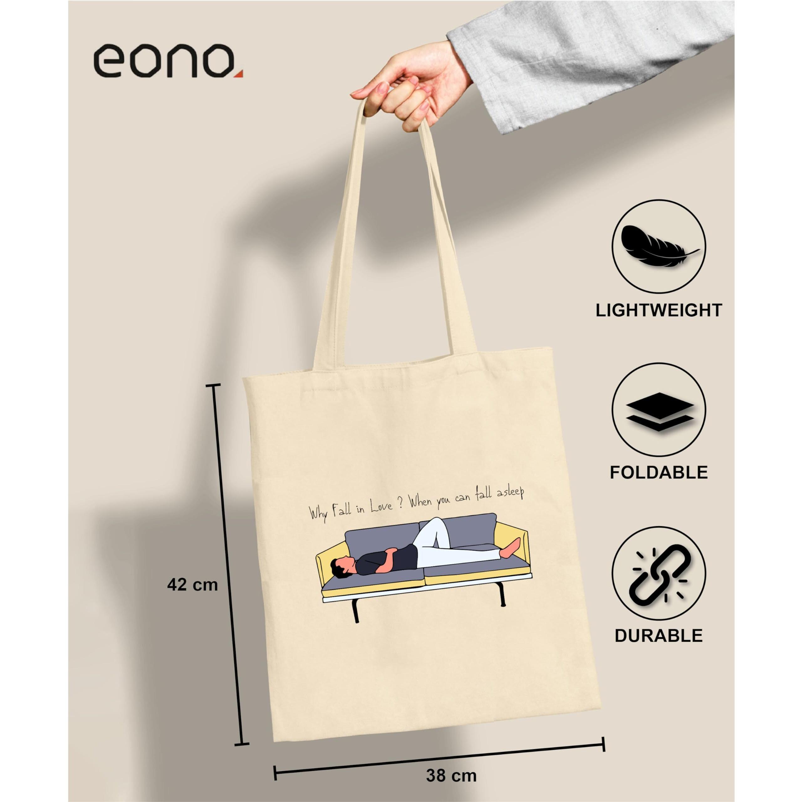 Amazon Brand - Eono, 100% Cotton Tote, Pack of 1, Reusable Tote Bags For Women, Shopping Bag For Grocery,Vegetable Bags For Market, Aesthetic Office Bag For Women, Bag For Women College Stylish-Asleep