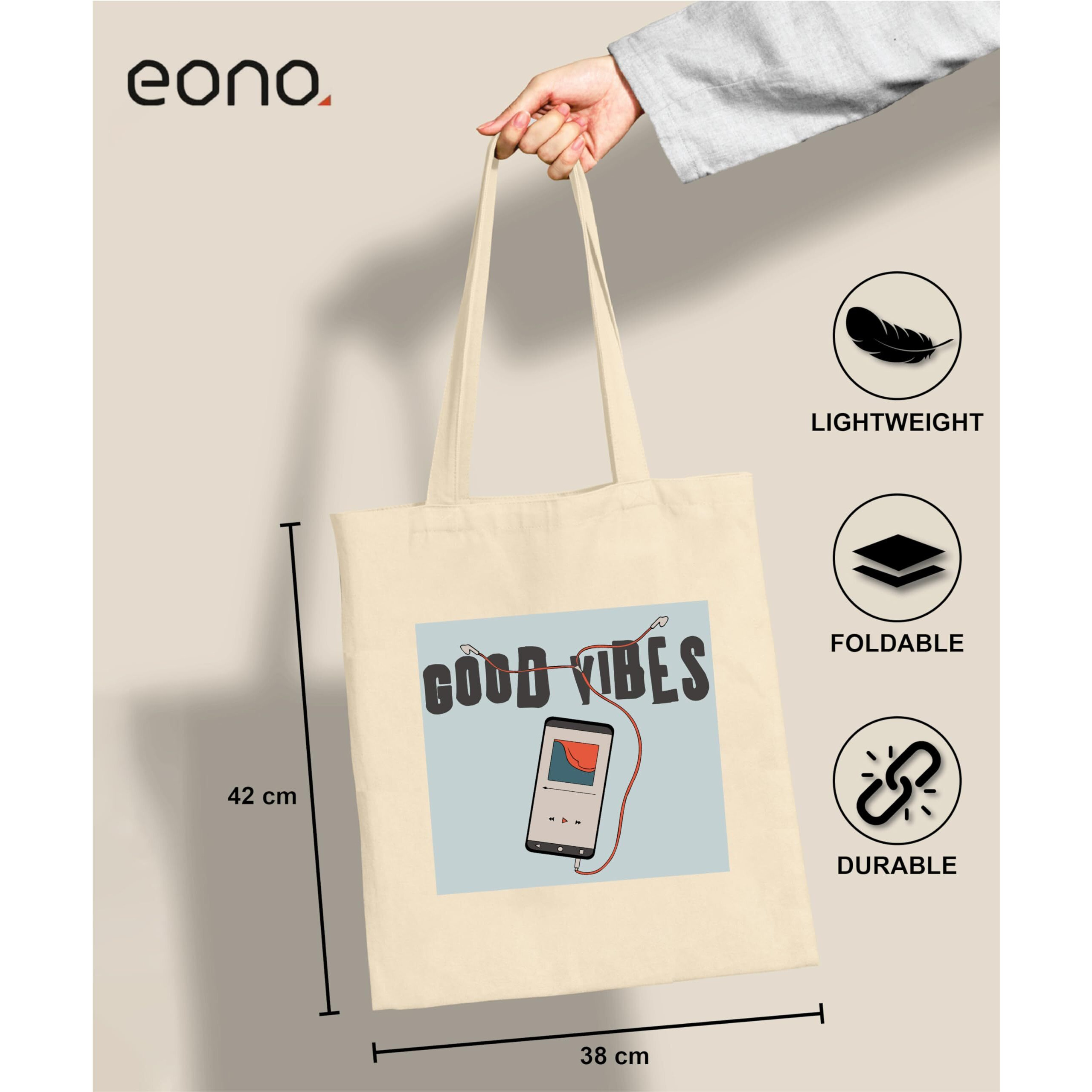 Amazon Brand - Eono, 100% Cotton Tote, Pack of 1, Reusable Tote Bags For Women, Shopping Bag For Groceries,Vegetable Bags For Market, Aesthetic Office Bag For Women, Bag For Women College - Good vibes