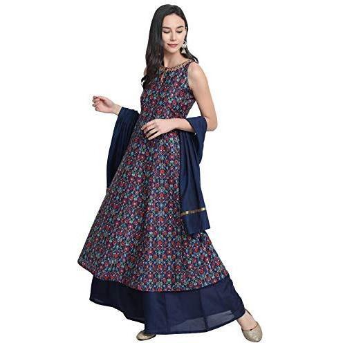 Janasya Women s Blue Poly Muslin Embroidered Kurta with Palazzo and Dupatta