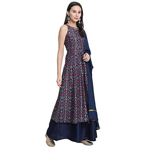 Janasya Women s Blue Poly Muslin Embroidered Kurta with Palazzo and Dupatta