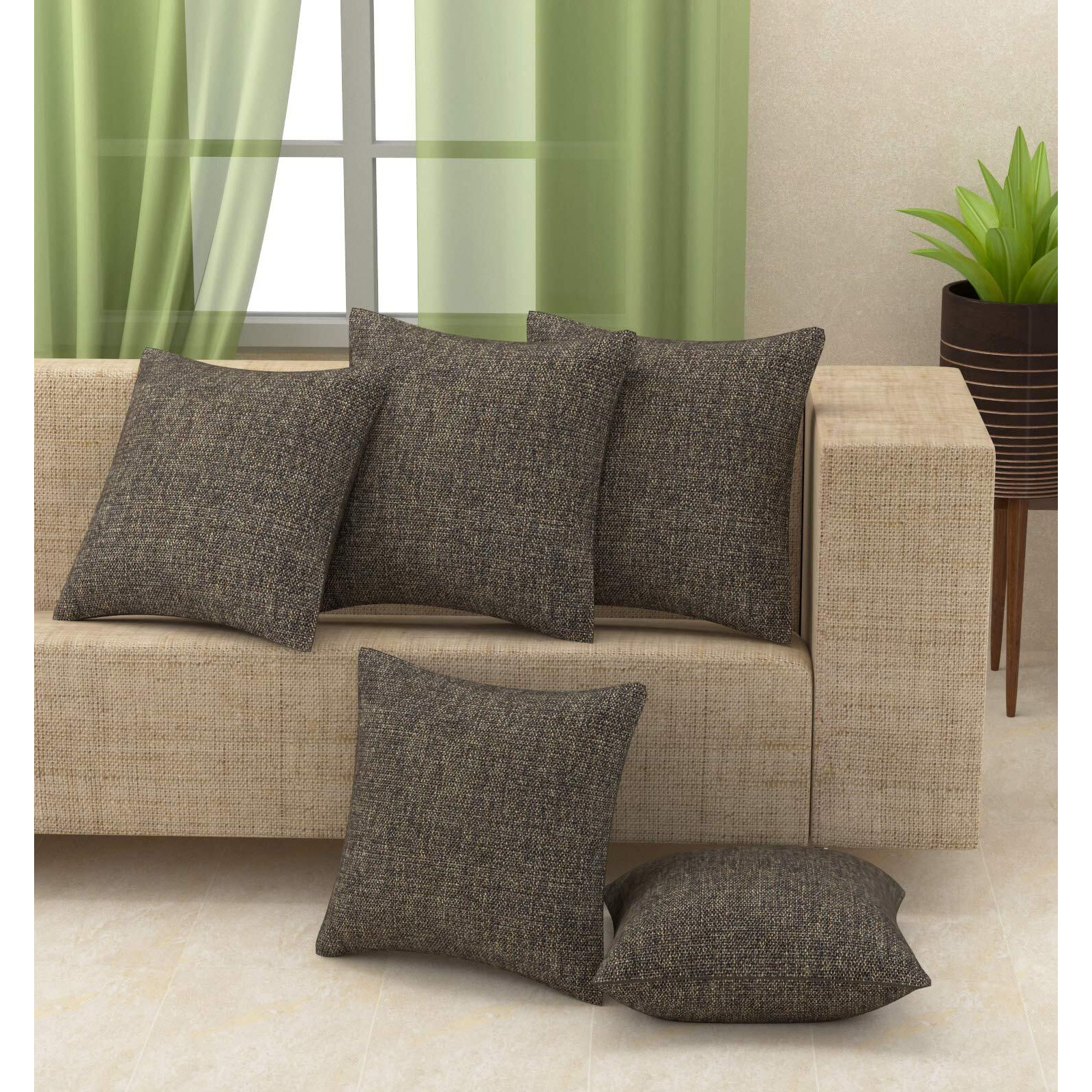 Yellow Weaves Jute Texture Cushion Covers, 16 X 16 Inches, Brown, Set of 5, 250 TC