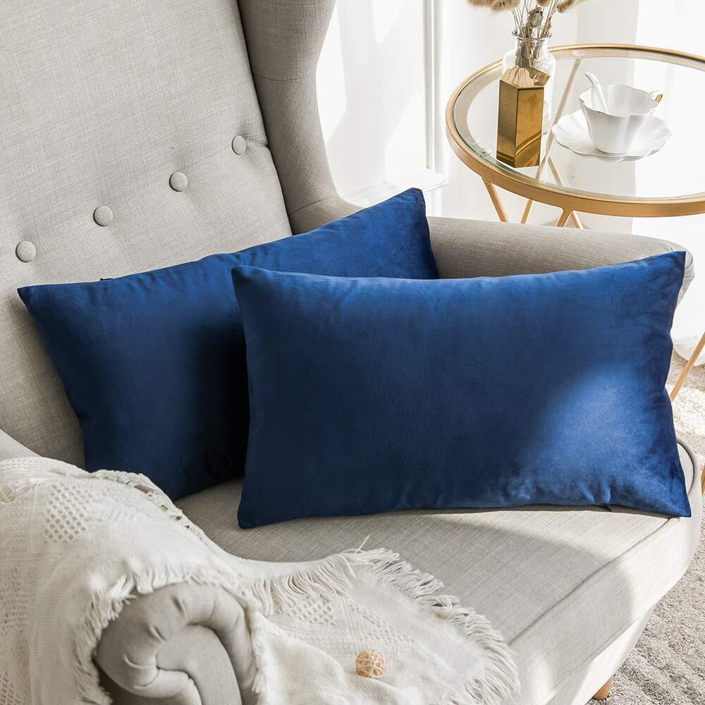 Khooti Rectangular Velvet Cushion Cover, 12x20 (Blue)(Pack of 1)
