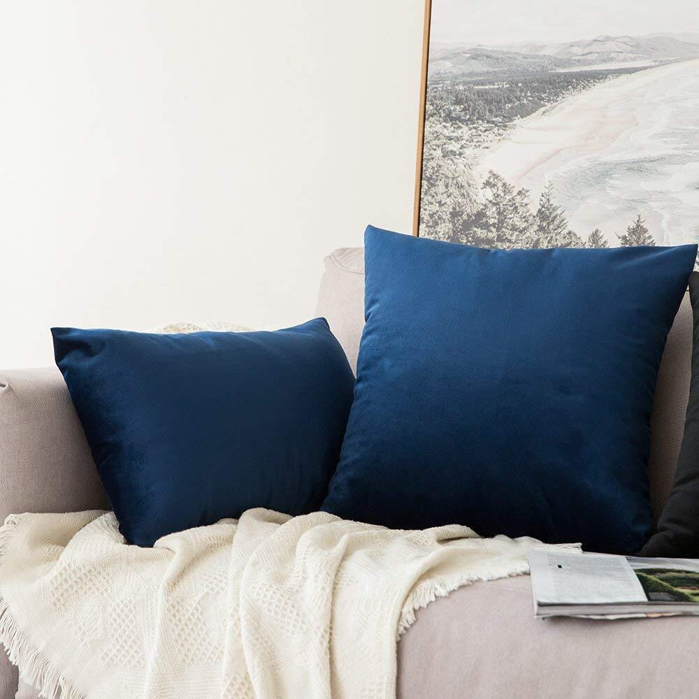 Khooti Rectangular Velvet Cushion Cover, 12x20 (Blue)(Pack of 1)