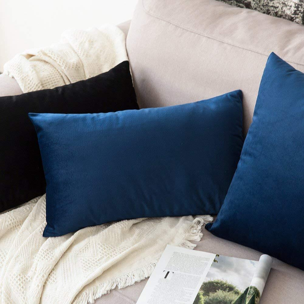 Khooti Rectangular Velvet Cushion Cover, 12x20 (Blue)(Pack of 1)