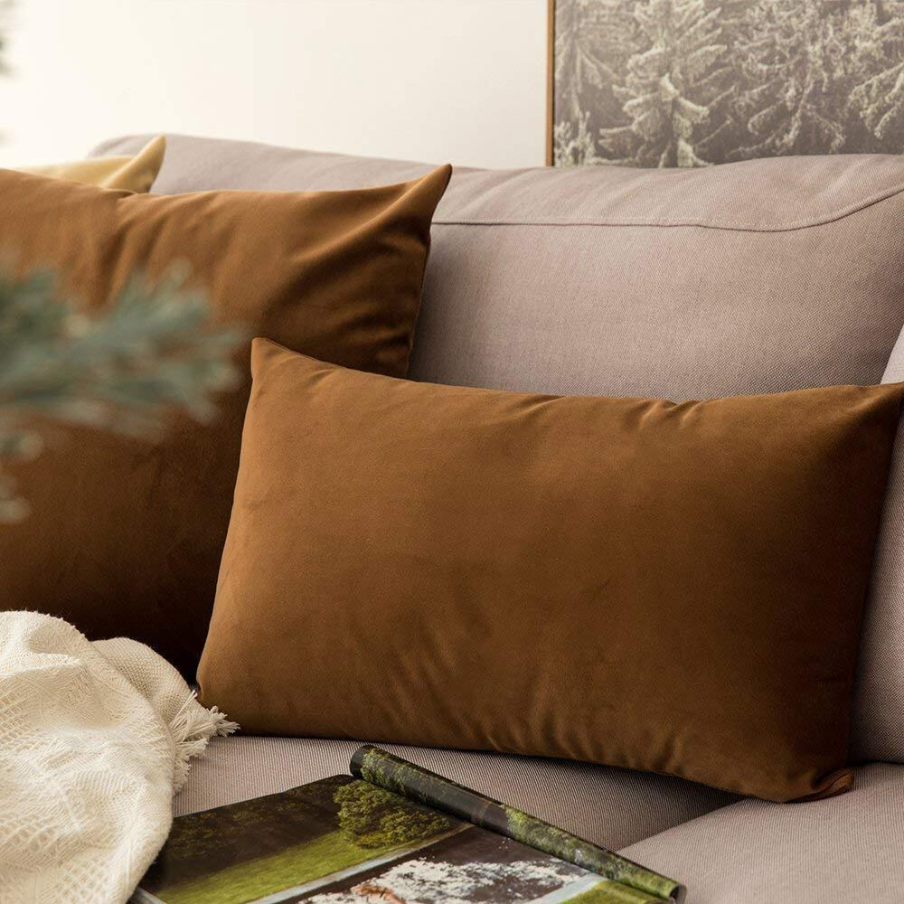 Khooti Rectangular Velvet Cushion Cover, 12x20 (Brown)(Pack of 1)