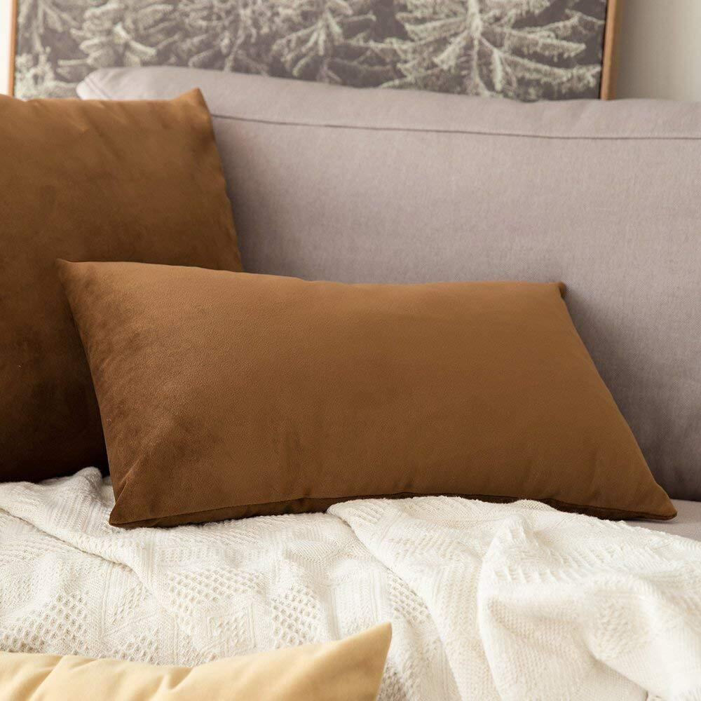 Khooti Rectangular Velvet Cushion Cover, 12x20 (Brown)(Pack of 1)