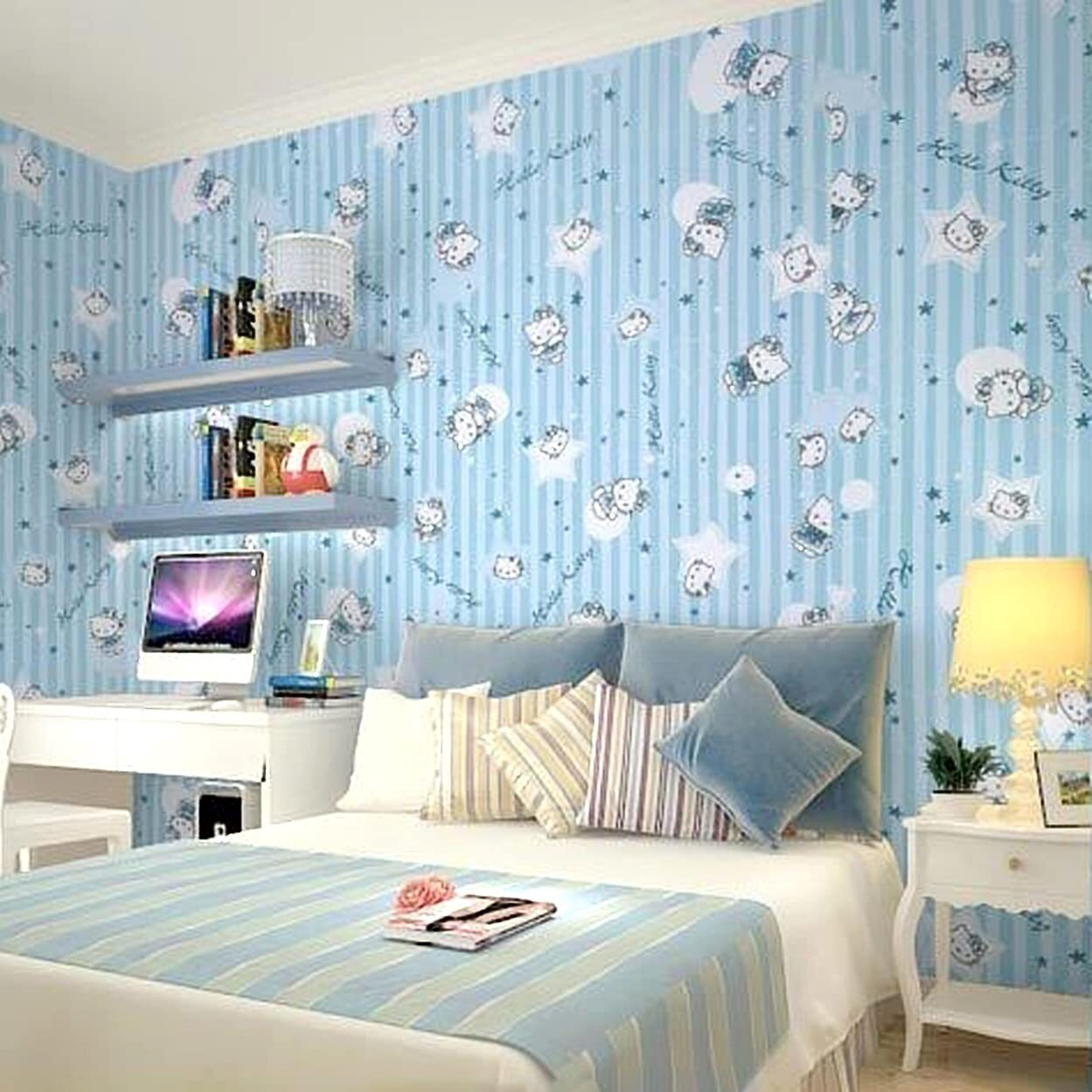 Wolpin Wall Stickers Wallpaper for Kids Room (45 x 500 cm) Cute Cats Girls Boys Bedroom Baby Decoration Wardrobe Furniture Decoration Self Adhesive Waterproof DIY, Crazy Blue