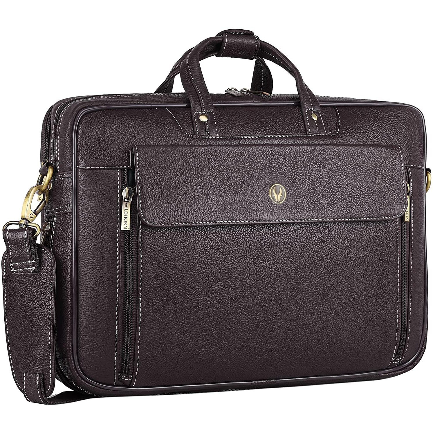 WildHorn Leather 15.5 Inch Laptop Messenger Bag for Men I Padded Laptop Compartment I Carry Handles with Adjustable Strap I Extra Zip Compartments I Dimension  L-15.5 Inch W-4 Inch H-11 Inch, Brown