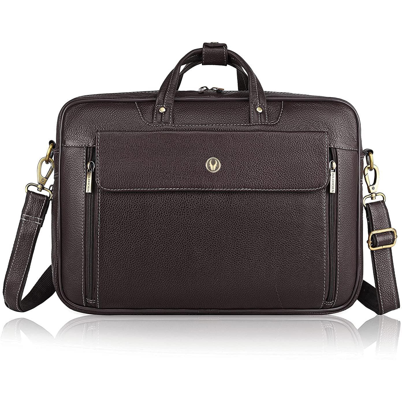 WildHorn Leather 15.5 Inch Laptop Messenger Bag for Men I Padded Laptop Compartment I Carry Handles with Adjustable Strap I Extra Zip Compartments I Dimension  L-15.5 Inch W-4 Inch H-11 Inch, Brown
