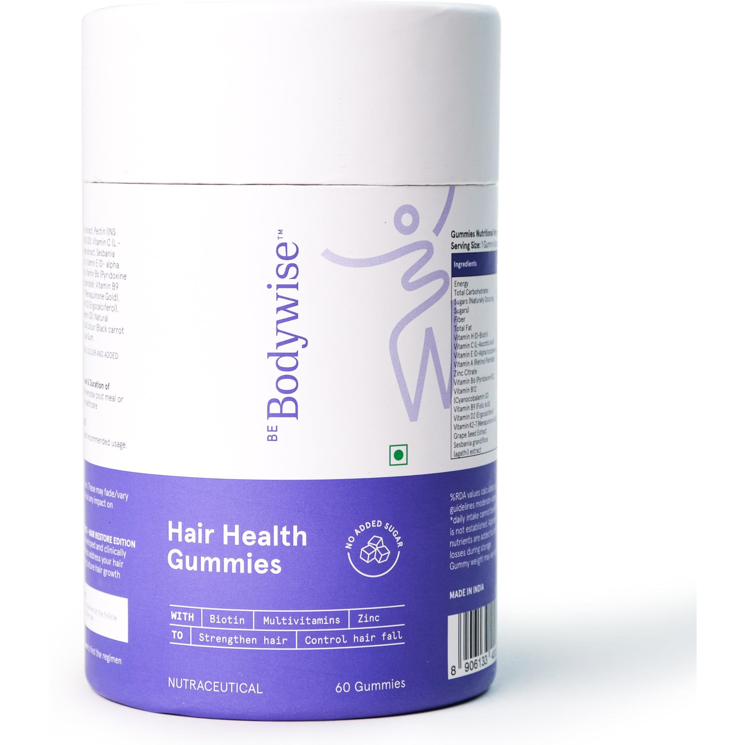 Be Bodywise Biotin Hair Gummies for Stronger, Shinier Hair & Nails | 60 Days Pack | With Biotin, Zinc, Folic Acid, Fibre & Multivitamin | Strawberry Flavour | No Added Sugar & Gut Friendly