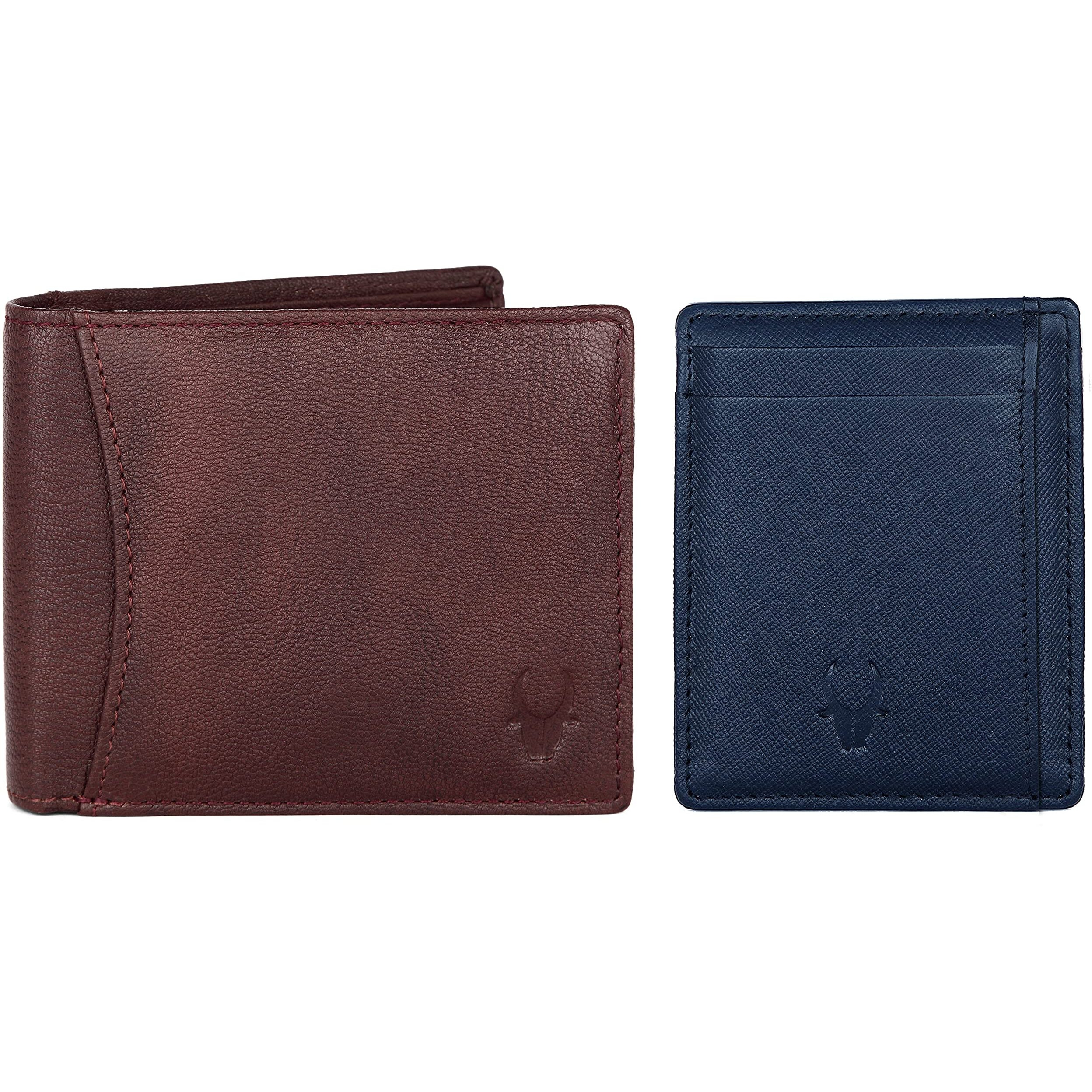 WildHorn Maroon Leather Men s Wallet and Blue Safiano Card Case (WH1173)