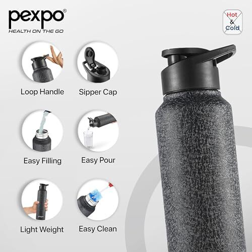 PEXPO Chromo Stainless Steel Sports/Fridge Sipper Water Bottle 1 Litre, Black Pack of 6| Eco friendly | BPA Free | Water Bottle for Office, Gym, School, Yoga, Trekking, Men, Women and Kids