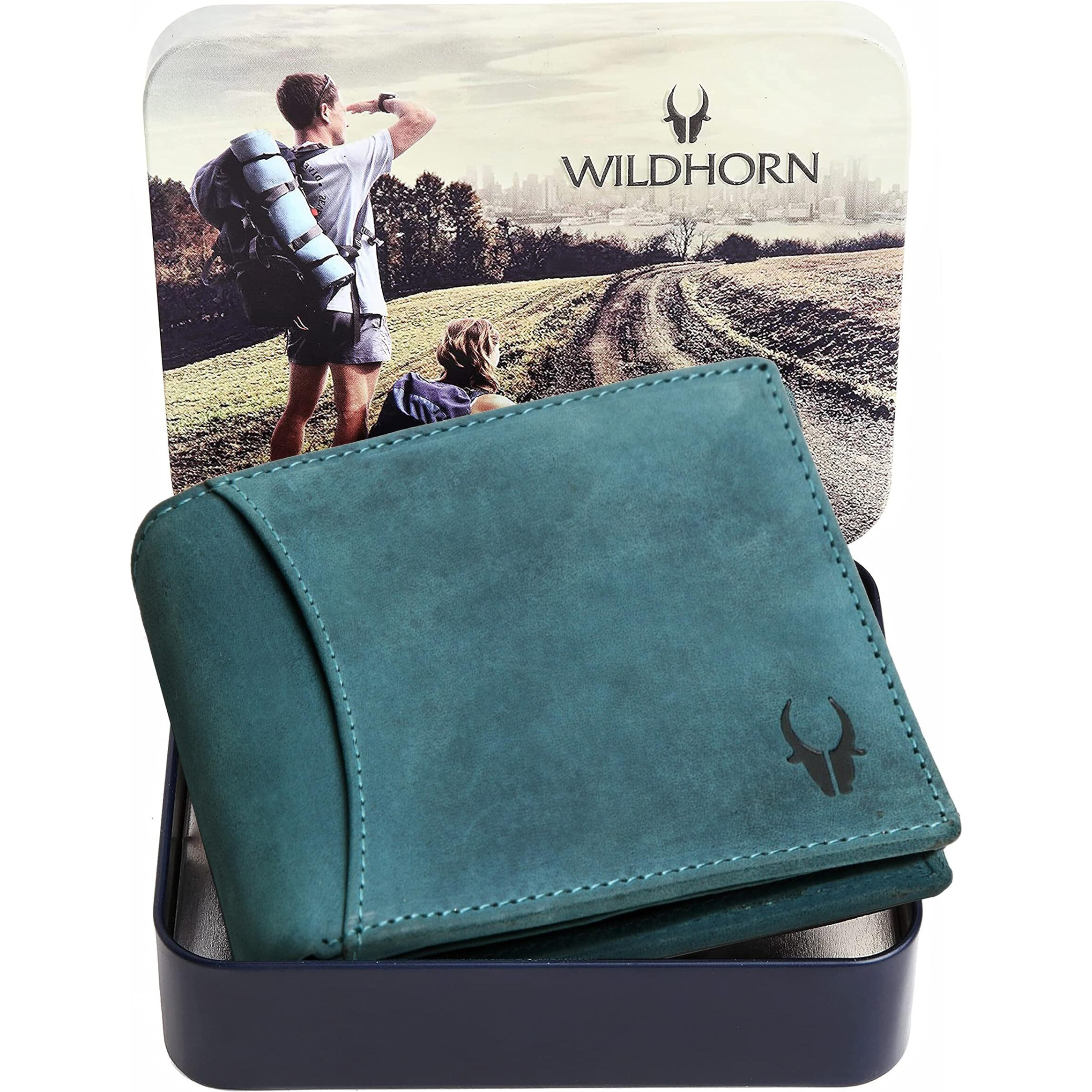 WildHorn Blue Leather Wallet for Men I 9 Card Slots I 2 Currency & Secret Compartments I 1 Zipper & 3 ID Card Slots