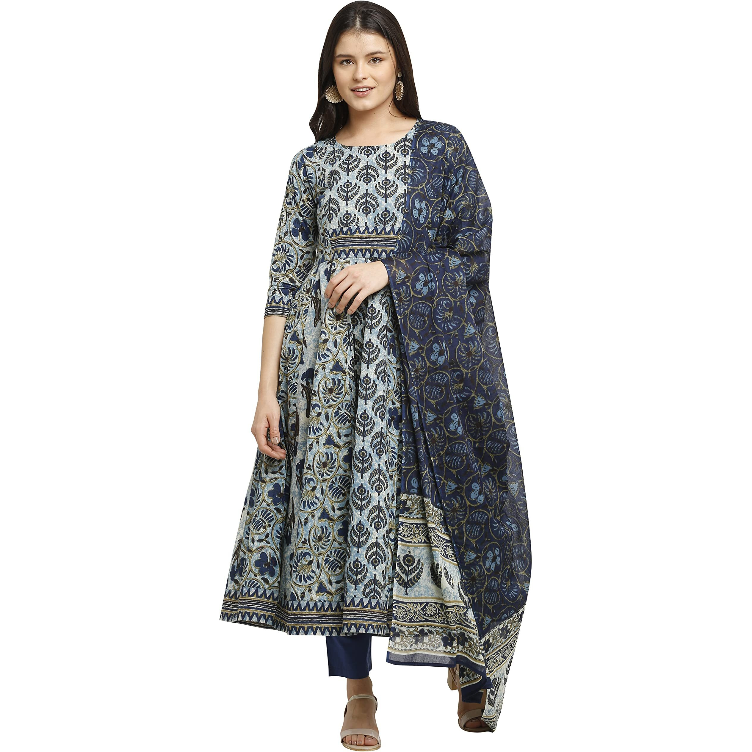 Rajnandini Women s Pure Cambric Cotton Floral Printed A-Line Anarkali Kurta Set With Dupatta (Ready To Wear Blue XX-Large)(JOPLVL218-XXL)
