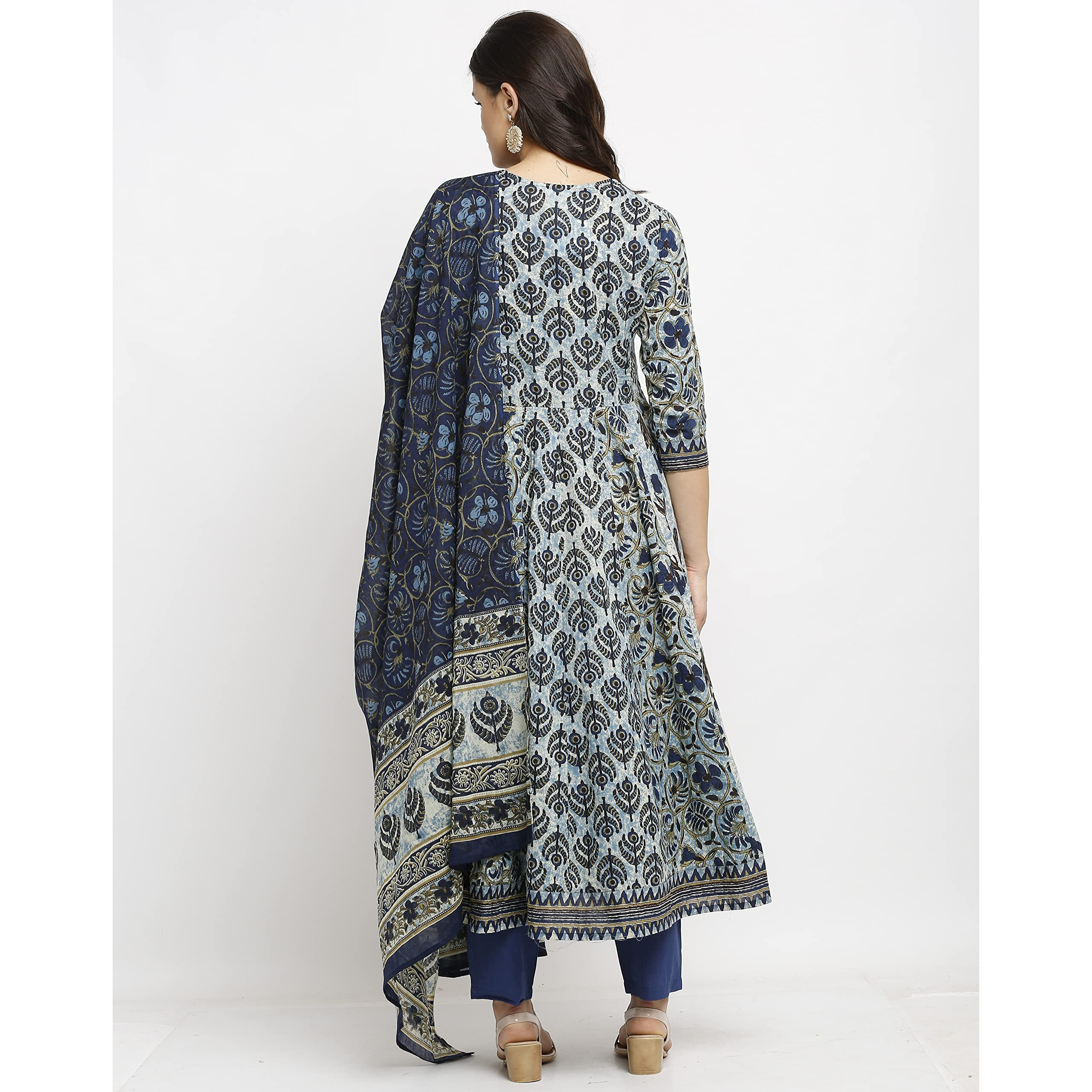 Rajnandini Women s Pure Cambric Cotton Floral Printed A-Line Anarkali Kurta Set With Dupatta (Ready To Wear Blue XX-Large)(JOPLVL218-XXL)