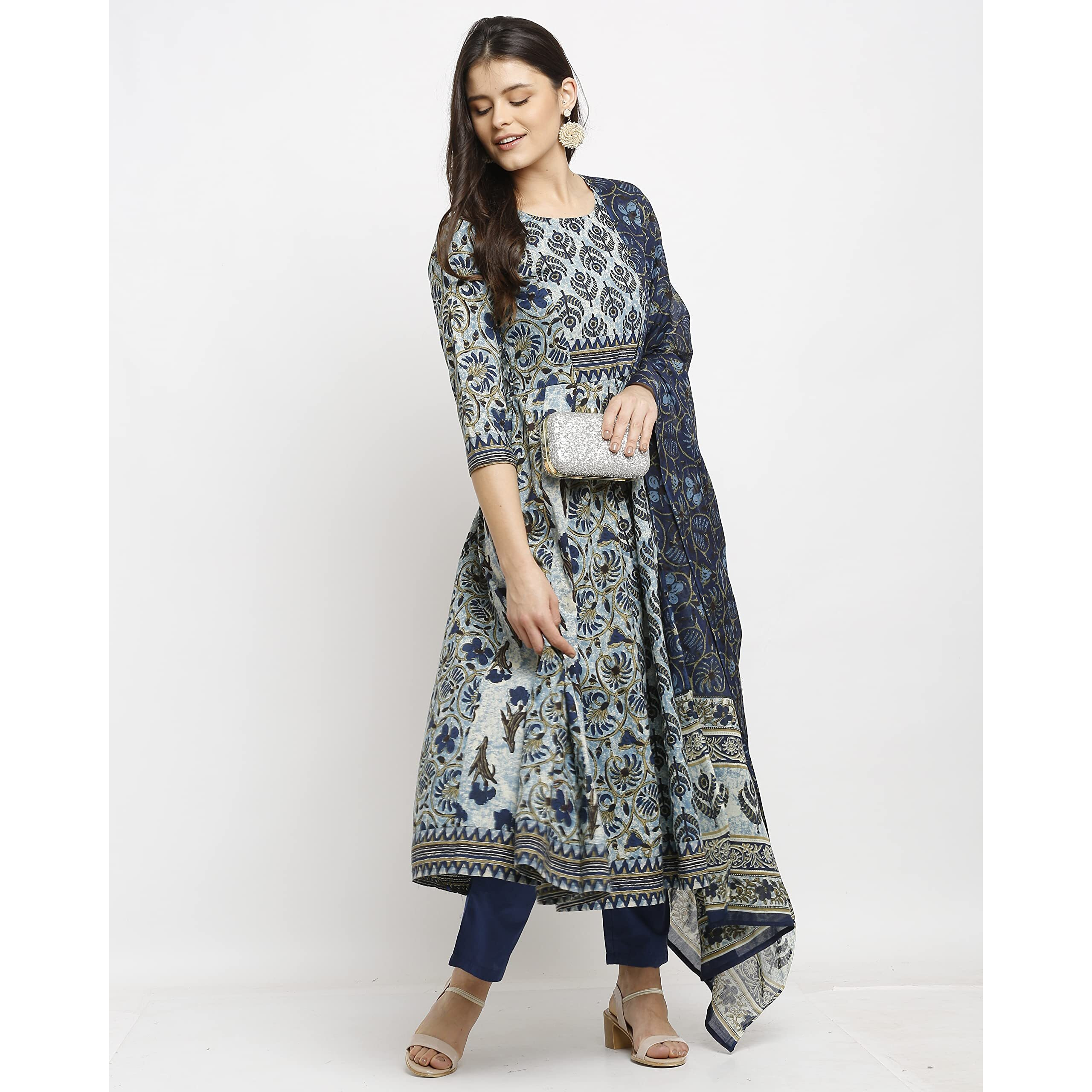 Rajnandini Women s Pure Cambric Cotton Floral Printed A-Line Anarkali Kurta Set With Dupatta (Ready To Wear Blue XX-Large)(JOPLVL218-XXL)
