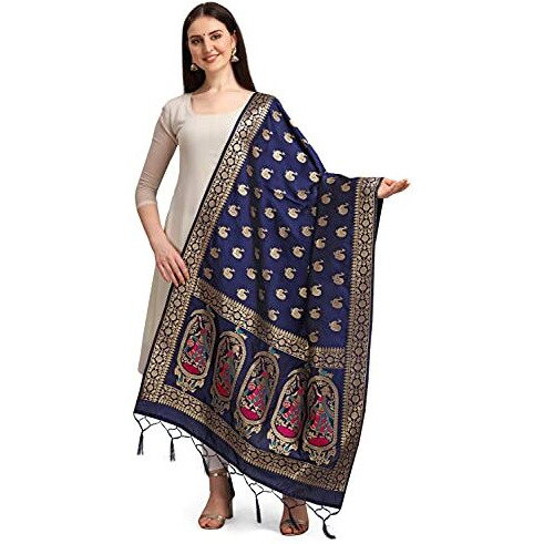 DEVANGI Women s Woven Banarasi Silk Zari Dupatta/Chunni, Width 1 Meter, Length 2.5 Meter (OM-DT-05-NBLUE)