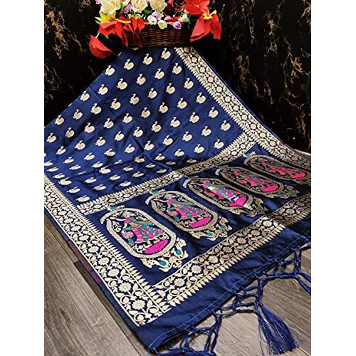 DEVANGI Women s Woven Banarasi Silk Zari Dupatta/Chunni, Width 1 Meter, Length 2.5 Meter (OM-DT-05-NBLUE)
