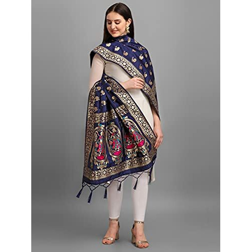 DEVANGI Women s Woven Banarasi Silk Zari Dupatta/Chunni, Width 1 Meter, Length 2.5 Meter (OM-DT-05-NBLUE)