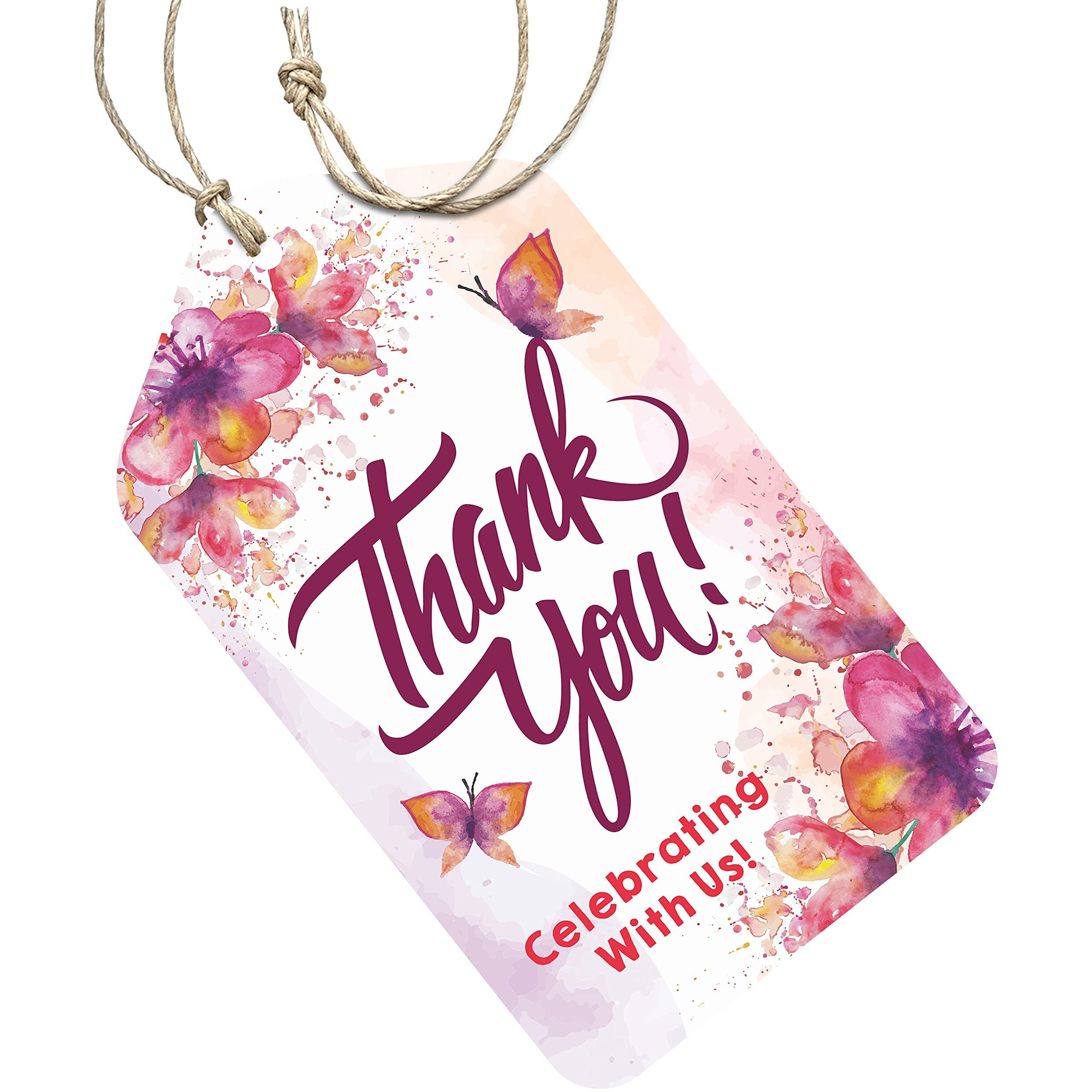 Clickedin Tags for Celebration, 50 Pieces Pre-Designed Floral Tags with Thread, Perfect for Party Birthday Wedding Celebration Small Business Packaging