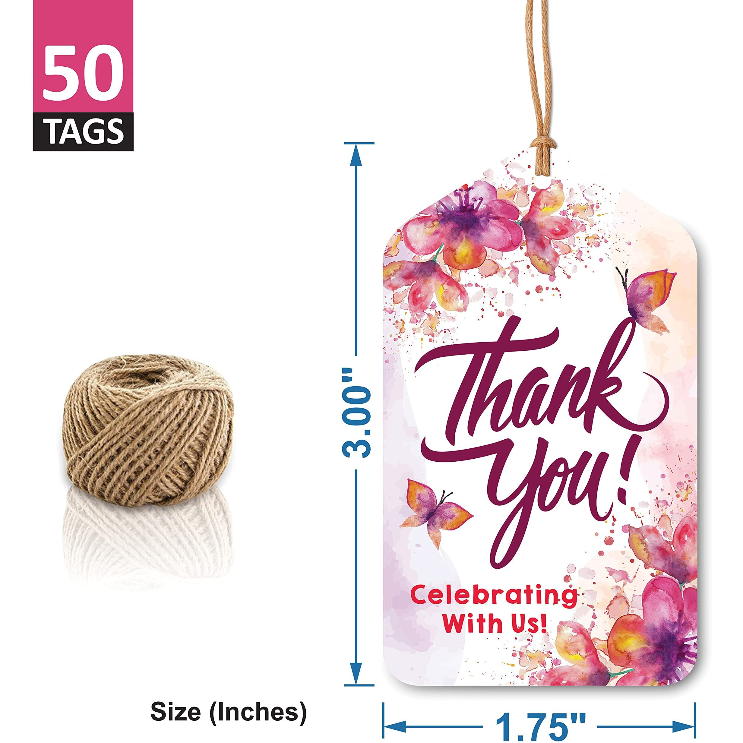 Clickedin Tags for Celebration, 50 Pieces Pre-Designed Floral Tags with Thread, Perfect for Party Birthday Wedding Celebration Small Business Packaging