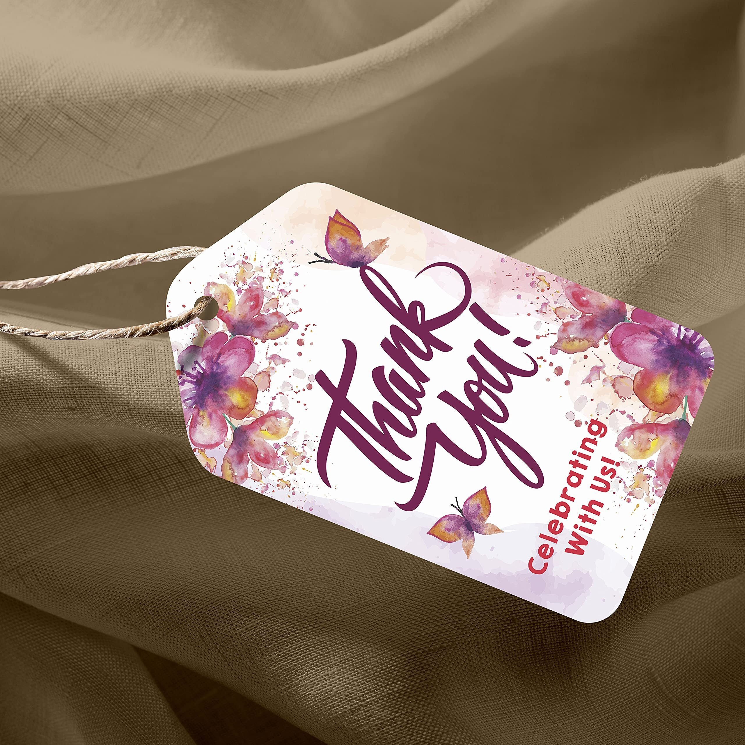 Clickedin Tags for Celebration, 50 Pieces Pre-Designed Floral Tags with Thread, Perfect for Party Birthday Wedding Celebration Small Business Packaging