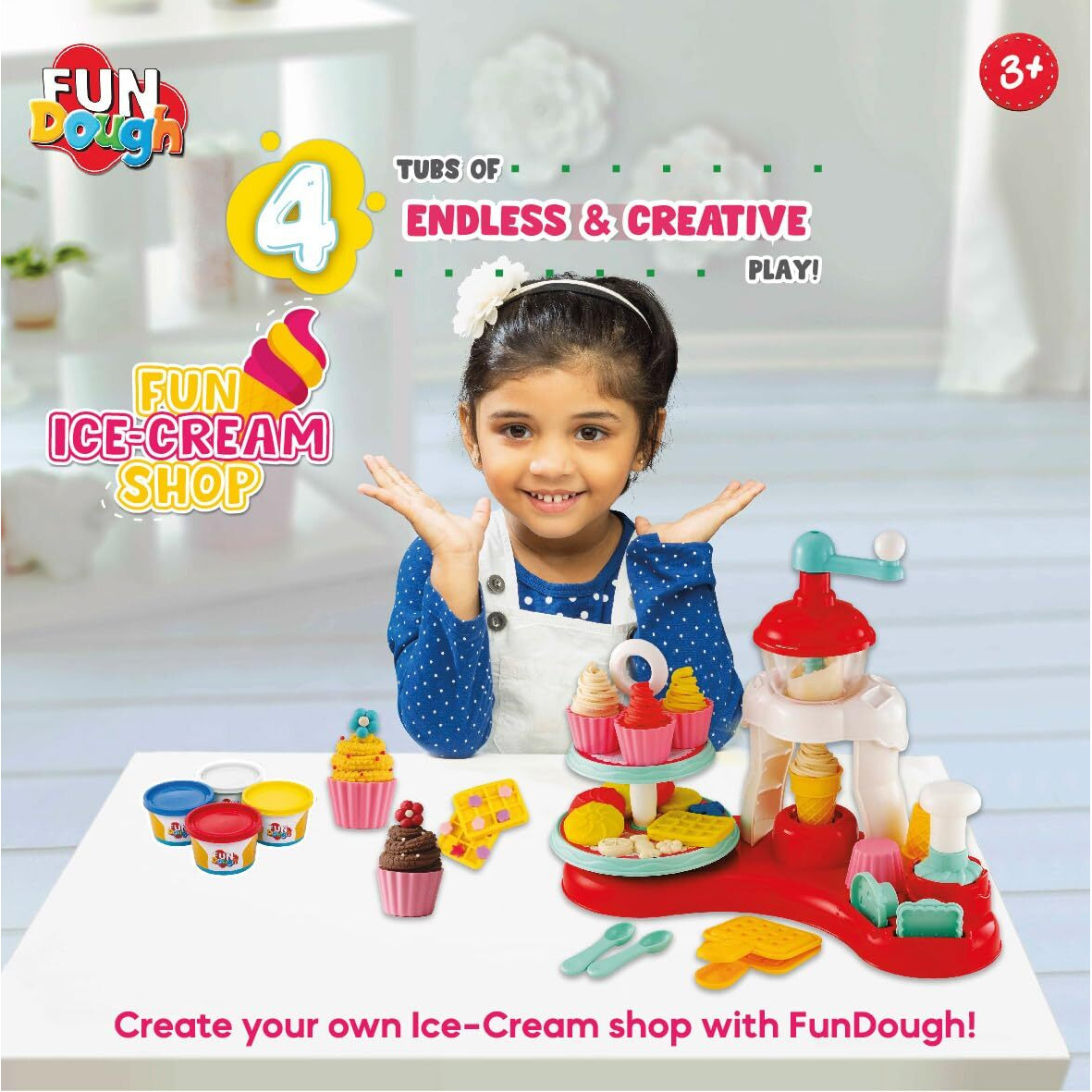 Fun Dough Funskool-Fundough Playset Ice Cream Shop, Make Ice-Cream With Colourful, Molds And Extruder, Multicolour, Dough, Toy, Shaping, Sculpting, 3 Years
