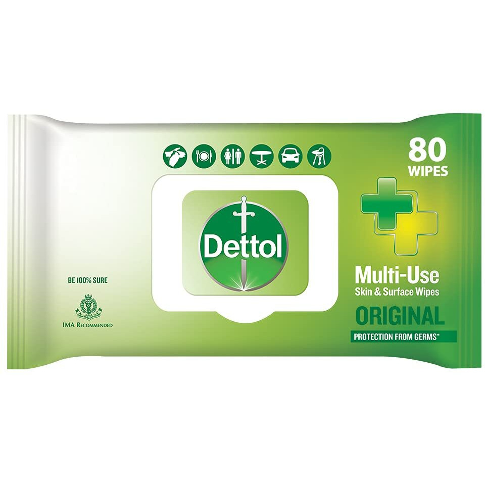 Dettol Germ Protection Wet Wipes For Skin & Surfaces, Original - 80 Count|| Moisture-Lock Lid