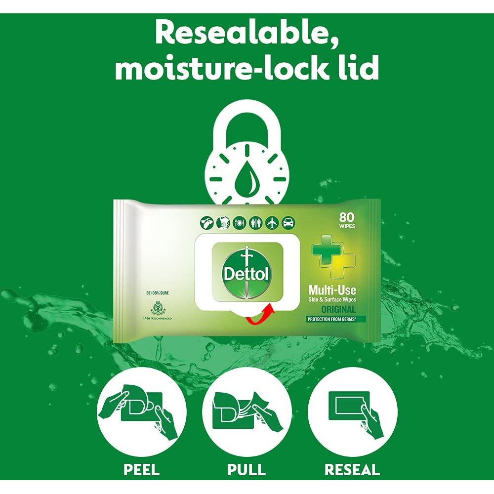 Dettol Germ Protection Wet Wipes For Skin & Surfaces, Original - 80 Count|| Moisture-Lock Lid