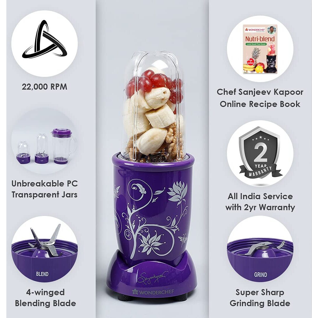 Wonderchef Nutri-Blend Juicer, Mixer, Grinder, Blender & Smoothie Maker|22000 Rpm, 500 Watts 100% Full Copper Motor|3 Unbreakable Jars|2 Years Warranty|Recipe Book By Chef Sanjeev Kapoor|Purple