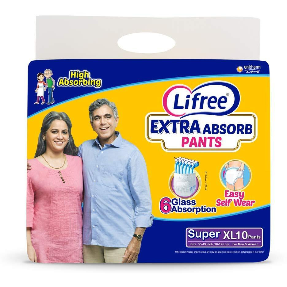 Lifree Extra Absorb Adult Diaper Pants Unisex, Extra Large Size 10 Pieces, Waist Size (90-125 Cm | 35-49 Inches)