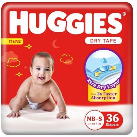 Huggies Dry Tape | Adjustable Tape Style Diapers, Newborn (Nb) Size (0-5 Kgs), 36 Count | Up To 2X Faster Absorption, Up To 12 Hours Overnight Absorption