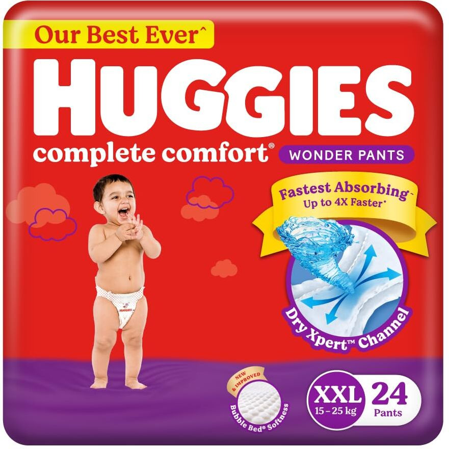 Huggies Complete Comfort Wonder Pants | Pant Style Baby Diapers Xxl Size, 24 Count | India's Fastest Absorbing Diaper, Patented Dry Xpert Channel, Ideal For 15 To 25 Kgs