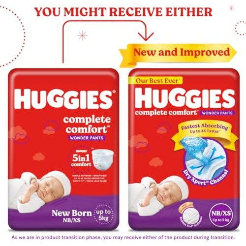 Huggies Complete Comfort Wonder Pants | Pant Style Baby Diapers Newborn / Xs Size, 48 Count | India's Fastest Absorbing Diaper, Patented Dry Xpert Channel, Ideal For 0-5 Kgs