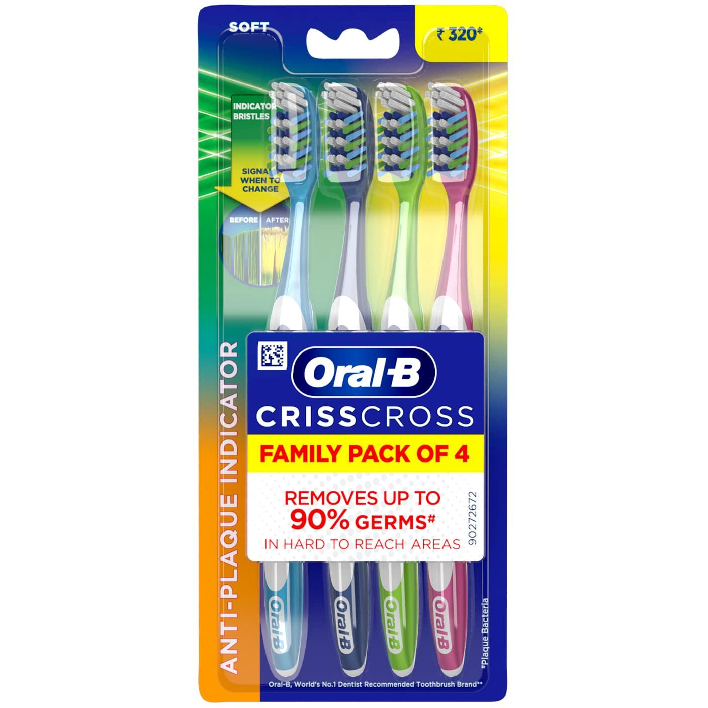 Oral-B Criss Cross - Family Pack Of 4 Toothbrushes Soft, For Adults,Manual,Multicolor