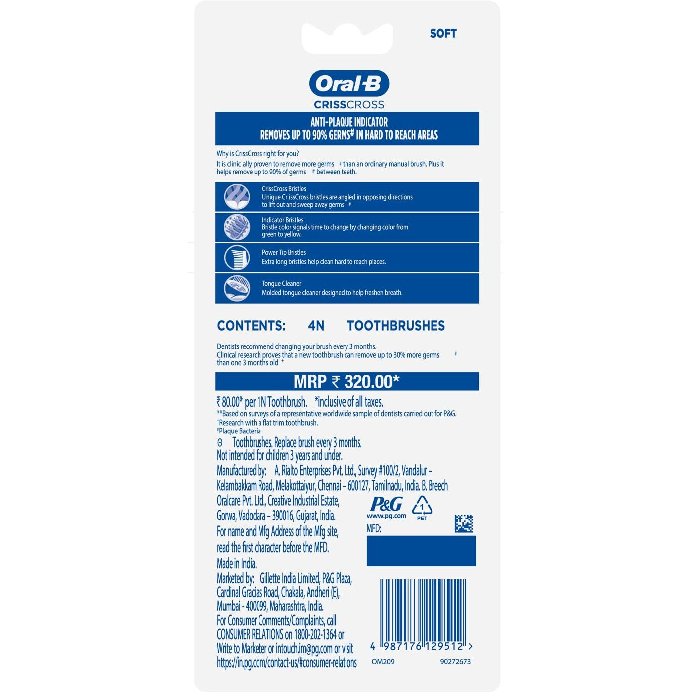 Oral-B Criss Cross - Family Pack Of 4 Toothbrushes Soft, For Adults,Manual,Multicolor